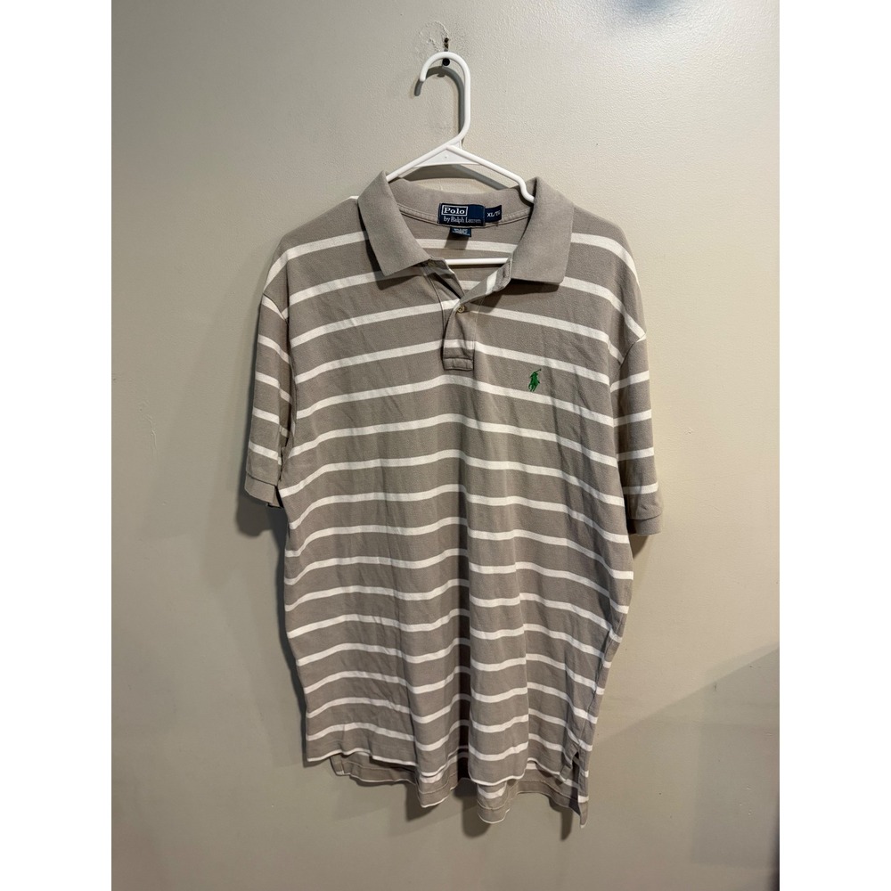 Polo Ralph Lauren Mens‎ XL Tan White Striped Short Sleeve Polo Shirt Green Pony